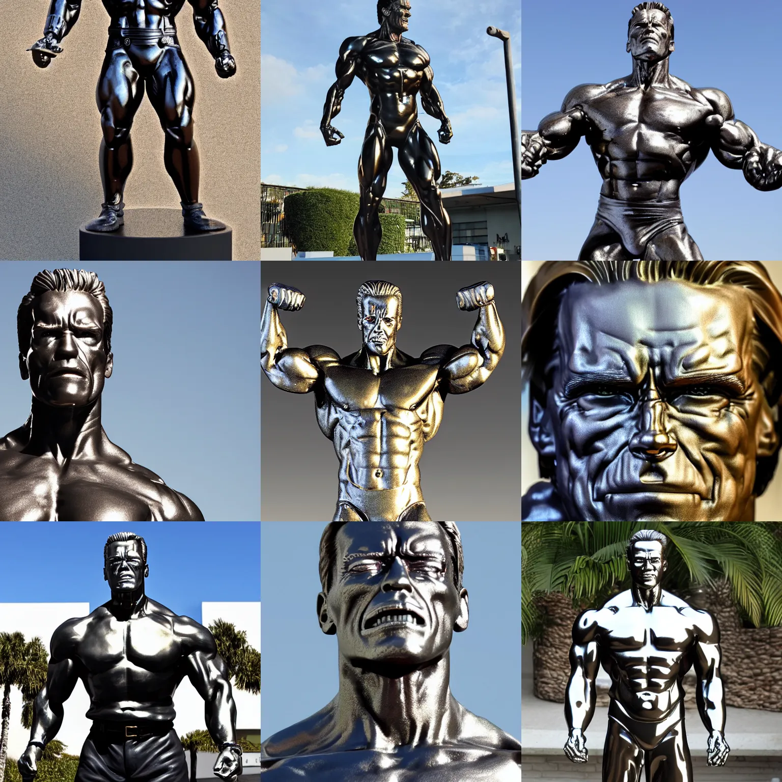 Prompt: Metal Statue of Arnold Schwarzenegger's Terminator, Shiny, Godrays, 4K, magnificent