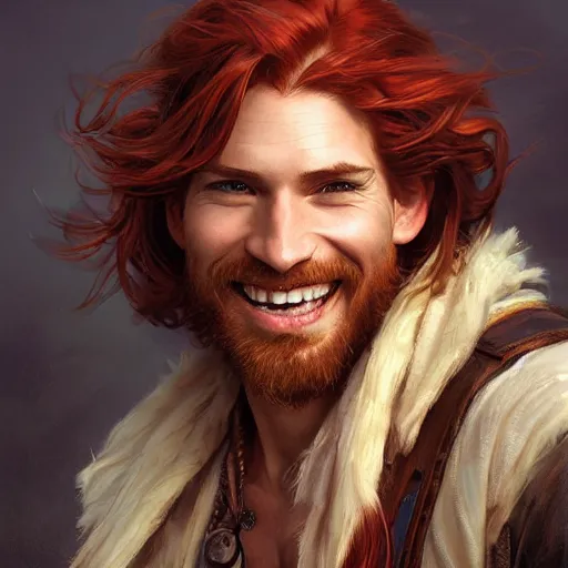 Prompt: portrait of a young ruggedly handsome but joyful pirate, male, masculine, upper body, red hair, long hair, d & d, fantasy, perfect teeth, intricate, elegant, highly detailed, digital painting, artstation, concept art, matte, sharp focus, illustration, art by artgerm and greg rutkowski and alphonse mucha