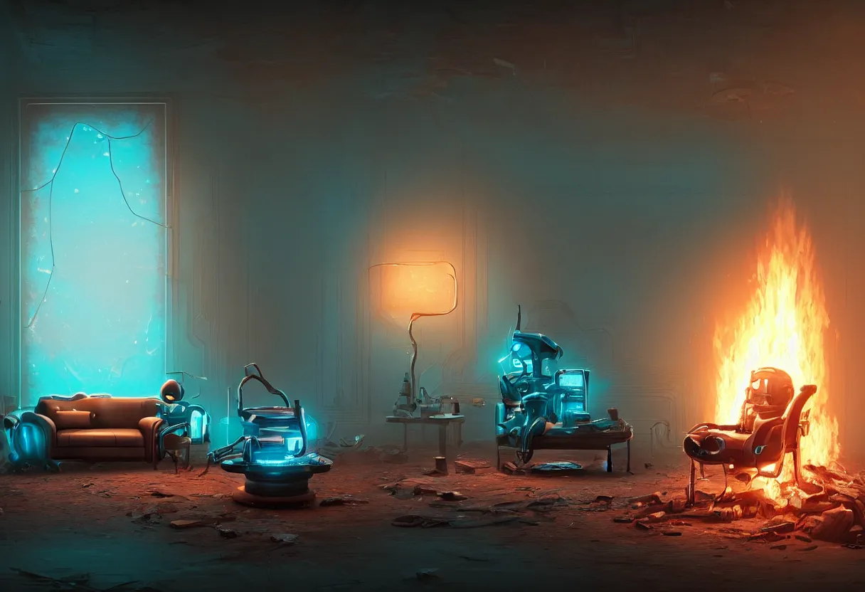 Image similar to A closeup portrait of a lone solitary cyan and brown decaying futuristic robot seated on a fainting couch facing a roaring fire in a huge fireplace in a dusty Victorian home, cold blue light from the window, with cinematic lighting and lens flare, tall ceiling, octane render, by Simon Stalenhag and Gregory Crewdson and Alfonso Cuaron, award-winning highly detailed 8k anamorphic closeup tight cinematic movie photograph