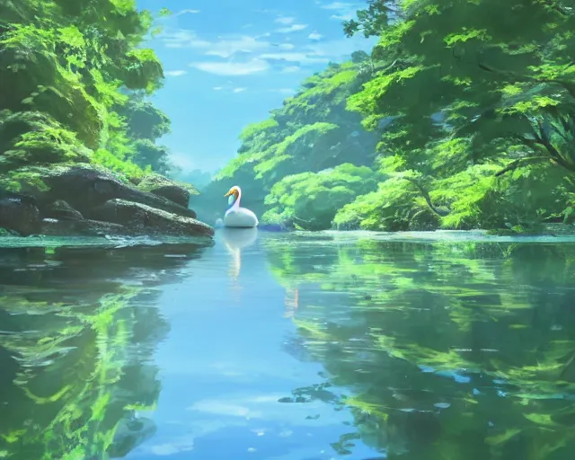 Image similar to a swan swimming in a river, ripples, reflections, blue water. Shady, trees bent over river, rocky shores. Anime, By Makoto Shinkai, Stanley Artgerm Lau, WLOP, Rossdraws, James Jean, Andrei Riabovitchev, Marc Simonetti, krenz cushart, Sakimichan, trending on ArtStation, digital art.