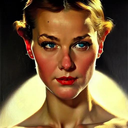 Prompt: close up face of a extremely beautiful bond female vam pire portrait, masterpiece, oil on canvas, artgerm!!!!!!!!, norman rockwell, craig mulins, trending on pxiv,