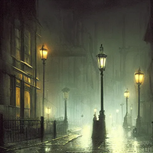 Prompt: Industrial age London street at night, dimly lit by gaslight, eerie, painting, by Greg Rutkowski