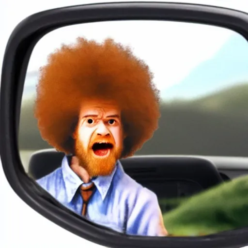 Image similar to a tiny screaming angry bob ross running your in rear view mirror