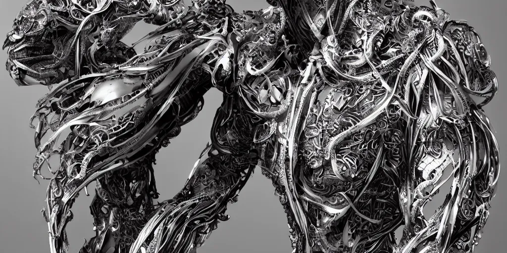 Image similar to hyper realistic photography of a stunningly beautiful cyborg male, neck, plated arm, intimate, holding close, ribbons, in the style of beth cavener, jin kagetsu,, and wlop, highly detailed, intricate filigree, symmetry, masterpiece, award winning, sharp focus, concept art, highkey lighting, ambient lighting, octane render, 8 k, artstation