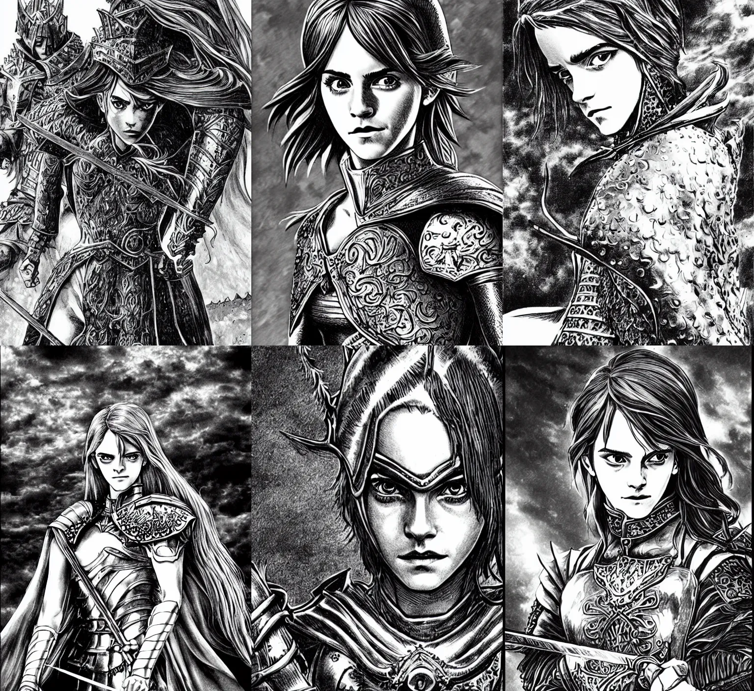 Prompt: Emma Watson as a knight, highly detailed, black and white, manga, art by Kentaro Miura