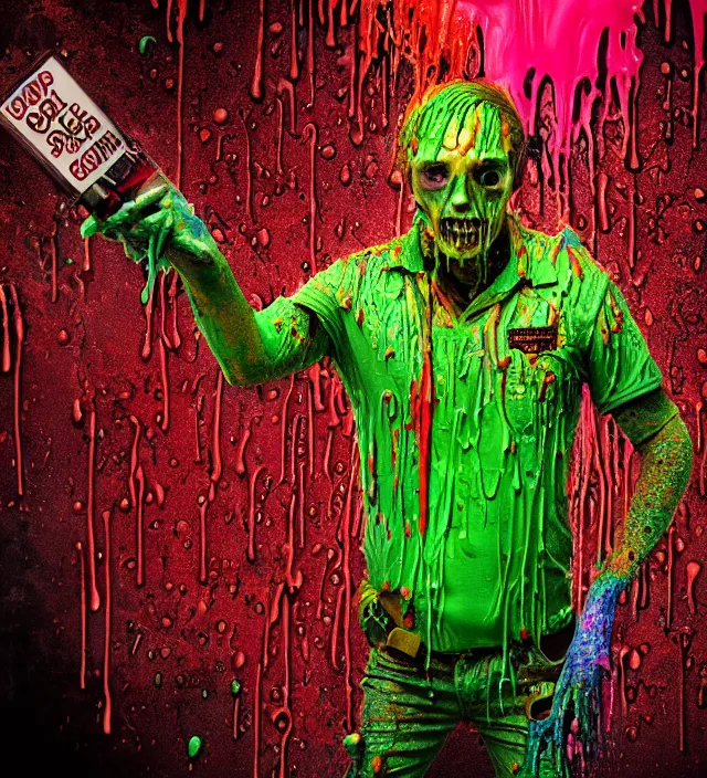 Image similar to beautiful 3 5 mm photograph of a slimy rotting zombie cop covered in colorful wet goop, dripping with colorful liquid, policeman, cop, biocop, intricate details, dark ambient, service cap, atmospheric, movie poster, poster, horror, elegant, super highly detailed, professional digital photo, artstation, concept art, 8 k