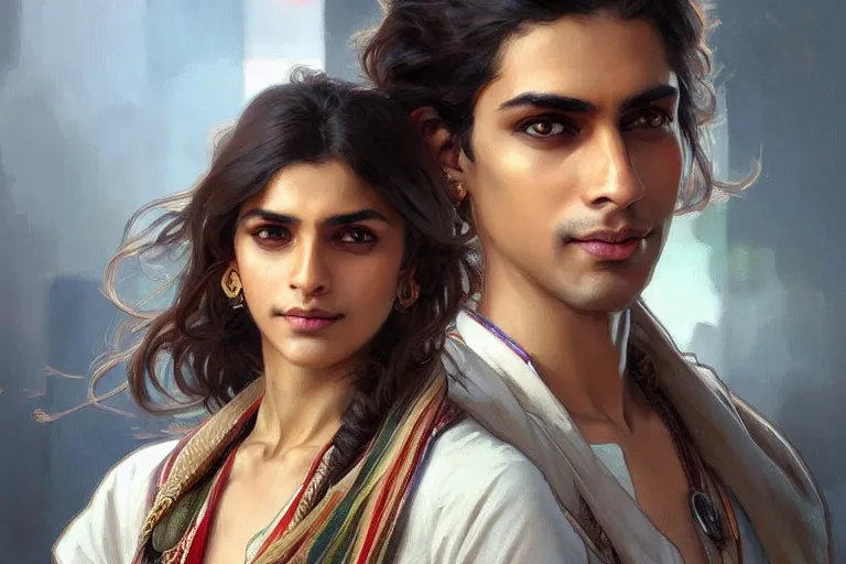 Image similar to Anxious good looking pale young Indian doctors wearing Western clothes at the airport, portrait, elegant, intricate, digital painting, artstation, concept art, smooth, sharp focus, illustration, art by artgerm and greg rutkowski and alphonse mucha