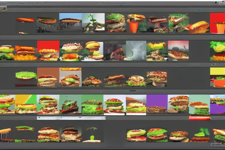 Image similar to hamburger themed gnu / linux desktop environment, linux mint, in 1 9 9 5, y 2 k cybercore, hamburger os, desktop screenshot