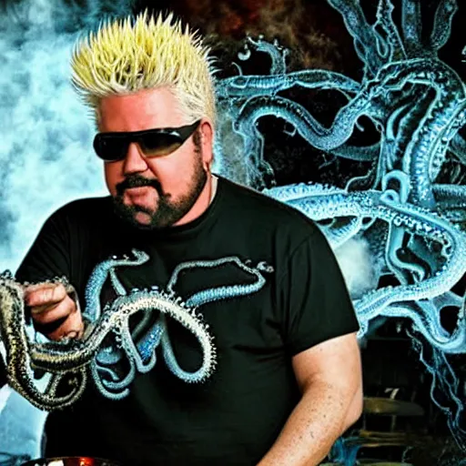 Image similar to guy fieri, turning into an eldritch horror with tentacles, sitting in a giant pan filled with boiling oil, film still from the movie directed by denis villeneuve with art direction by salvador dali