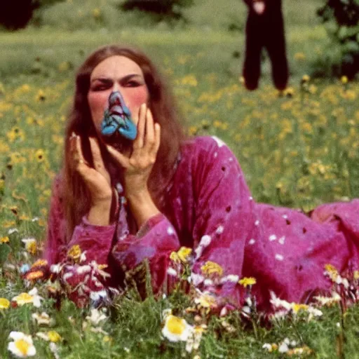 Image similar to 1970 hippie woman on tv show with a long prosthetic nose, wearing a floral robe in a meadow 1970 color archival footage color film 16mm holding a hand puppet Fellini Almodovar John Waters Russ Meyer Doris Wishman