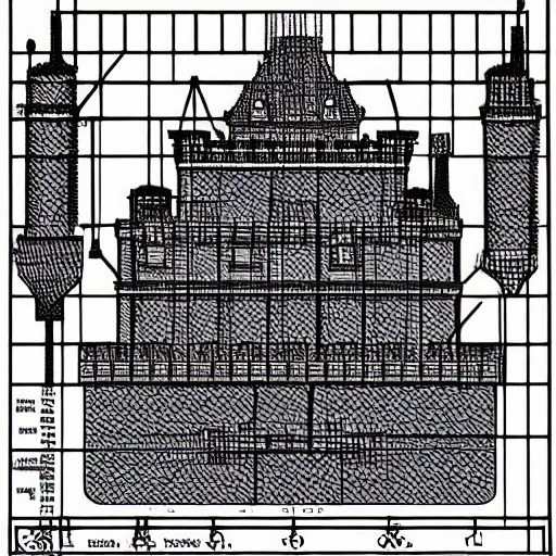 Prompt: a complex castle illustration from electronics schematics.