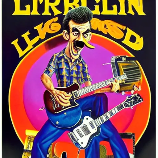 Image similar to beautiful lifelike painting of barry chuckle shredding on a gibson les paul, furious guitar solo, hyperreal detailed facial features and uv lighting, art by ed roth and basil wolverton