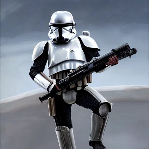 Image similar to full body shot of an imperial stormtrooper in battle position ready to shoot his blaster concept art by Doug Chiang cinematic, realistic painting, high definition, very detailed, extremely high detail, photo realistic, concept art, the Mandalorian concept art style