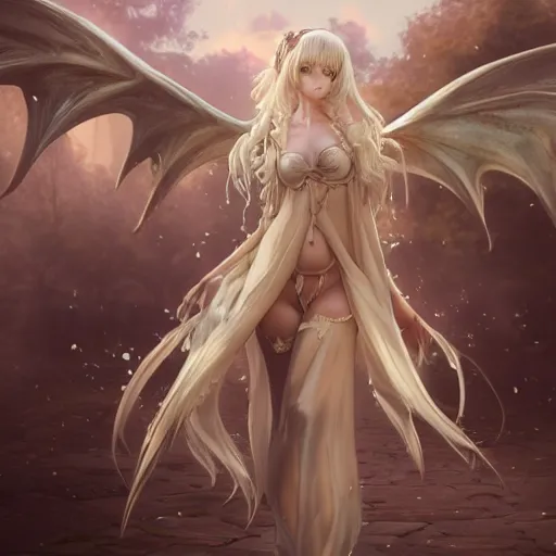 Prompt: a very beautiful anime girl with dragon wings in a medieval town square , full body, long white hair, golden watery eyes, full round face, short smile, cinematic lightning, medium shot, mid-shot, highly detailed, trending on artstation, Gaussian blur, depth of field, Unreal Engine 4k, Stanley Artgerm Lau, WLOP, Rossdraws, James Jean, Andrei Riabovitchev, Marc Simonetti, and Sakimichan