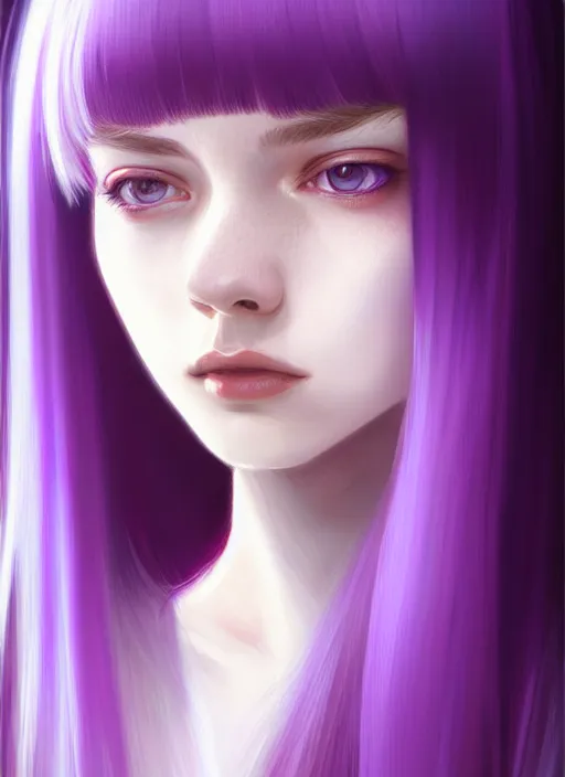 Image similar to hair whitebangs hair, black hair, whitebangs, portrait of teenage girl with white bangs, red irises, purple clothes, white bangs, bangs are different color from hair, intricate, elegant, glowing lights, highly detailed, digital painting, artstation, concept art, smooth, sharp focus, illustration, art by wlop, mars ravelo and greg rutkowski