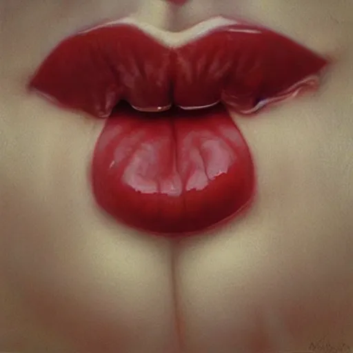 Image similar to “ hyperrealistic portrait of a beautiful woman, pale skin, red lips, tongue licking lips, drenched in honey by mike dargas ”