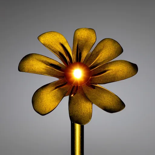 Image similar to a robotic flower, 8 k, photorealistic, photograph, award winning, golden hour, volumetric light