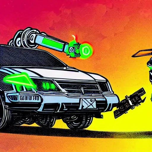 Prompt: beautiful detailed comic illustration of an evil robot mecha dinosaur destroying a subaru impreza cyberpunk, neon