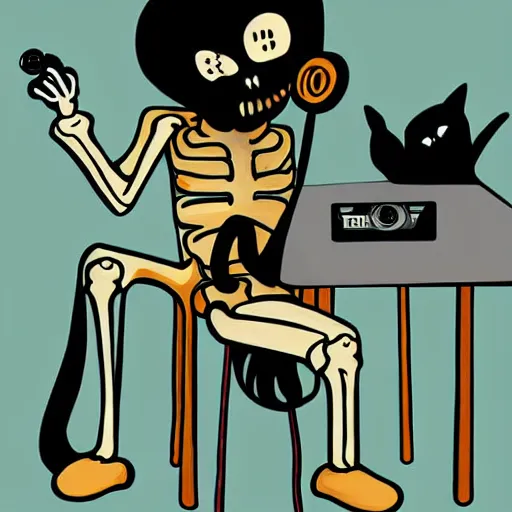 Image similar to skeleton wearing headphones watching girl playing guitar with her black cat standing next to her, digital art