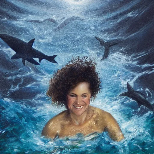 Prompt: masterful oil painting of an athletic woman in her fifties with curly brown hair, swimming in the middle of a rough sea surrounded by sharks, above her, in the night sky there is a star.