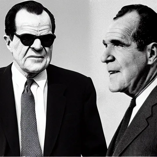 Image similar to presidential debate between waluigi and richard nixon, 1 9 6 0, still, photograph, photo, black and white