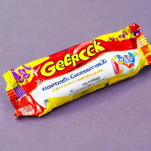 Image similar to discarded wrapper!! of a geckronome candy bar, product photography advertisement 4 k