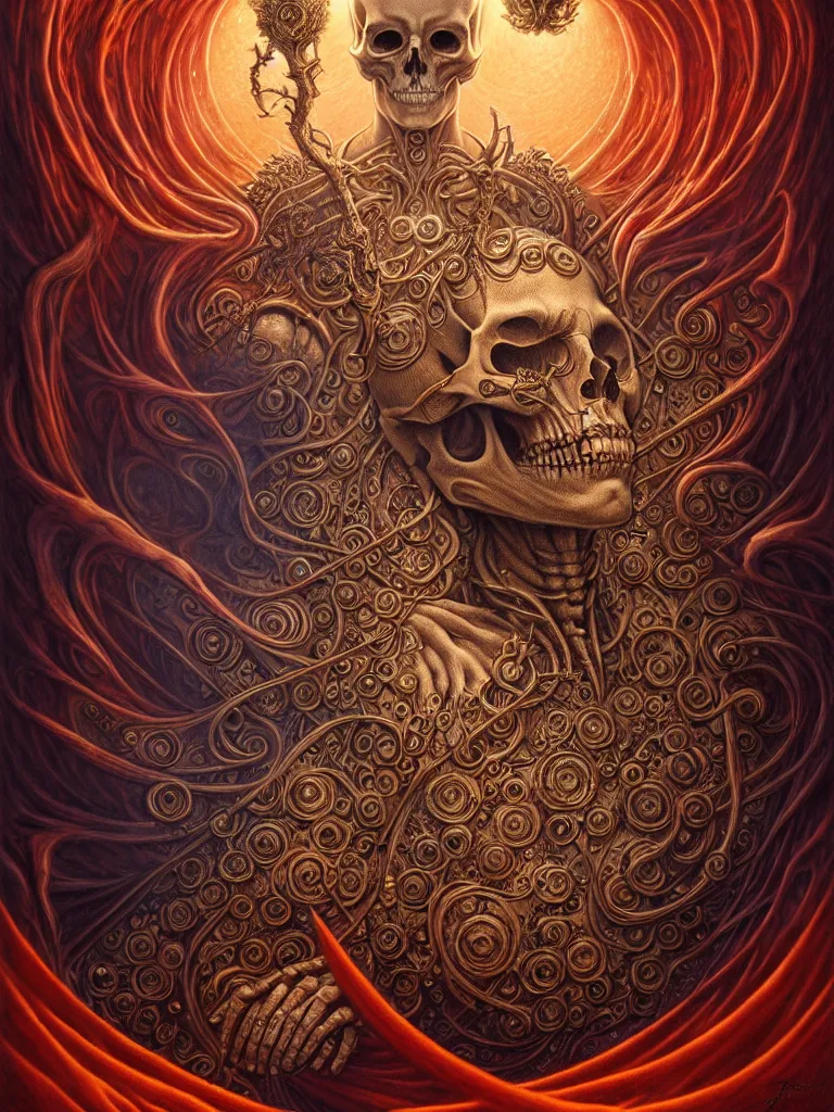 Image similar to A beautiful detailed orixa, tarot card, by tomasz alen kopera and Justin Gerard, symmetrical features, ominous, magical realism, texture, intricate, ornate, royally decorated, skull, skeleton, whirling smoke, embers, red adornements, red torn fabric, radiant colors, fantasy, trending on artstation, volumetric lighting, micro details, 3d sculpture, ray tracing, 8k, anaglyph effect