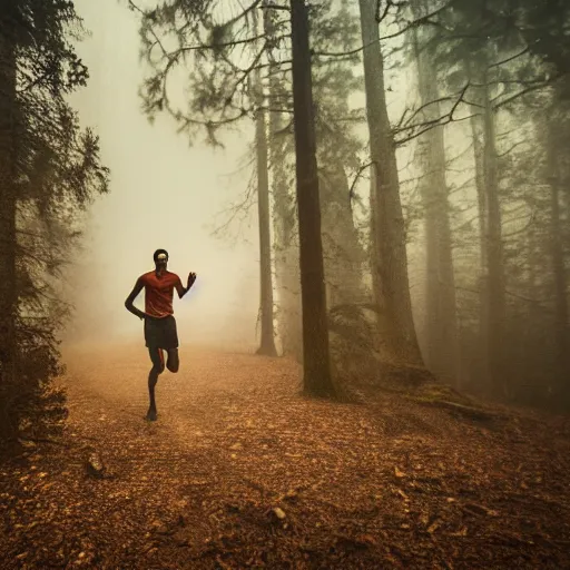 Image similar to a smudged, scratched, grainy and blurry photograph showing the whole body of a young tall man dynamically and frenetically running from danger in the dark forest. in the foggy woods, night time, flash lights