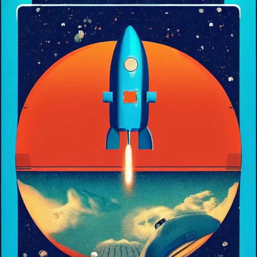 Image similar to blue v2 rocket in space in tin tin style, fruit orange as a planet, intricate sci-fi poster by Denis Villeneuve