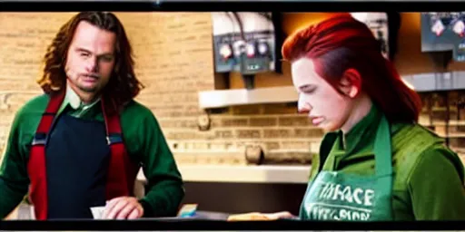 Prompt: bucky barnes and natasha romanoff working at starbucks, as played by sebastian stan and scarlett Johansson, coworkers, starbucks aprons and visors, daytime, at the counter, laughing, bucky has long hair and a metal arm, green clothing, warmth, friendship, cinematic, ambient lighting,, 8k, scene