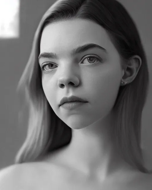 Image similar to cinematic portrait of anya taylor - joy, intricate, elegant, by alyssa monks, highly detailed, symmetrical face, fine details, masterpiece, trending on artstation