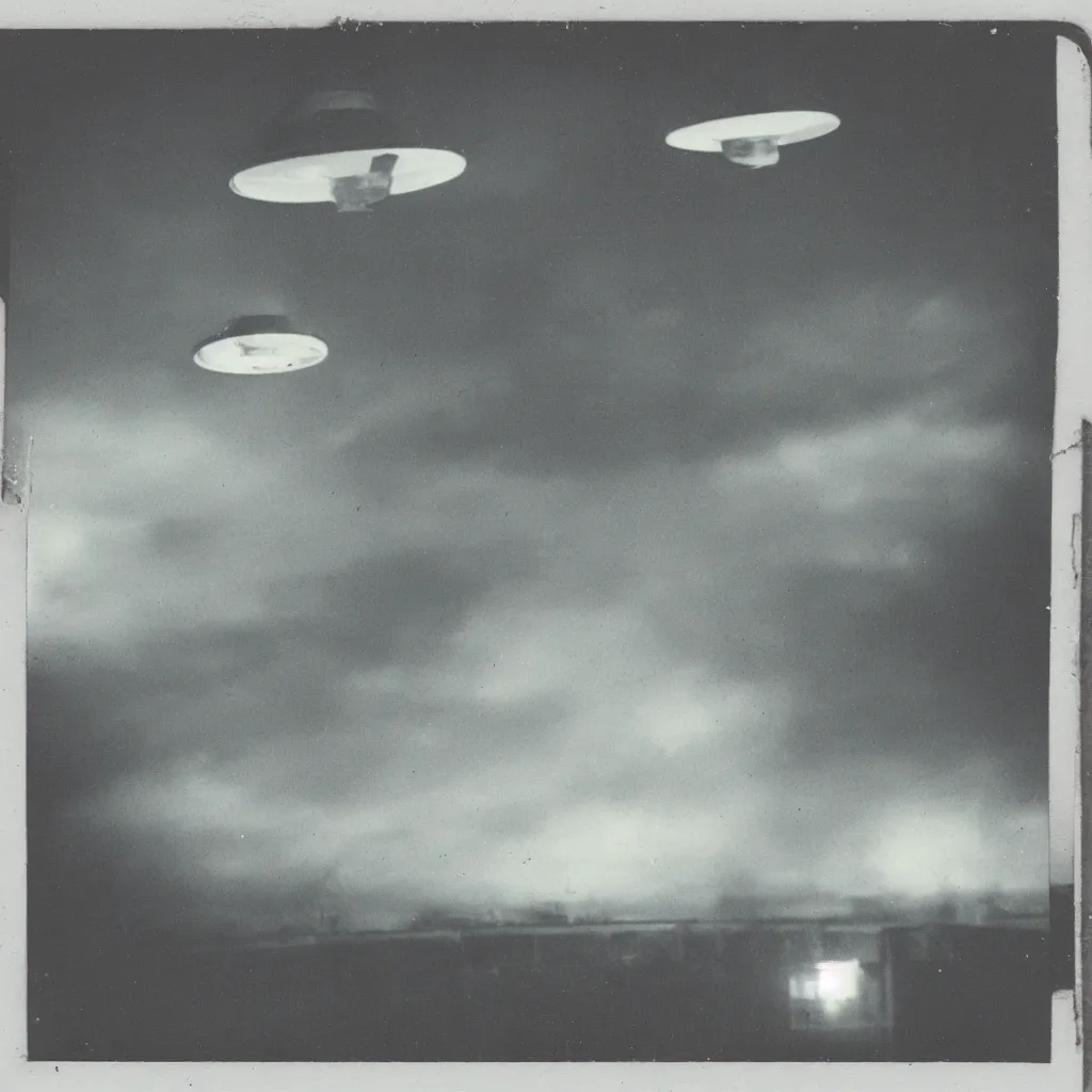 Prompt: old polaroid of an ufo flying above an abandoned hospital during world war 2, award winning, fallout, nuclear ashes, pictorialism, black and white, low light