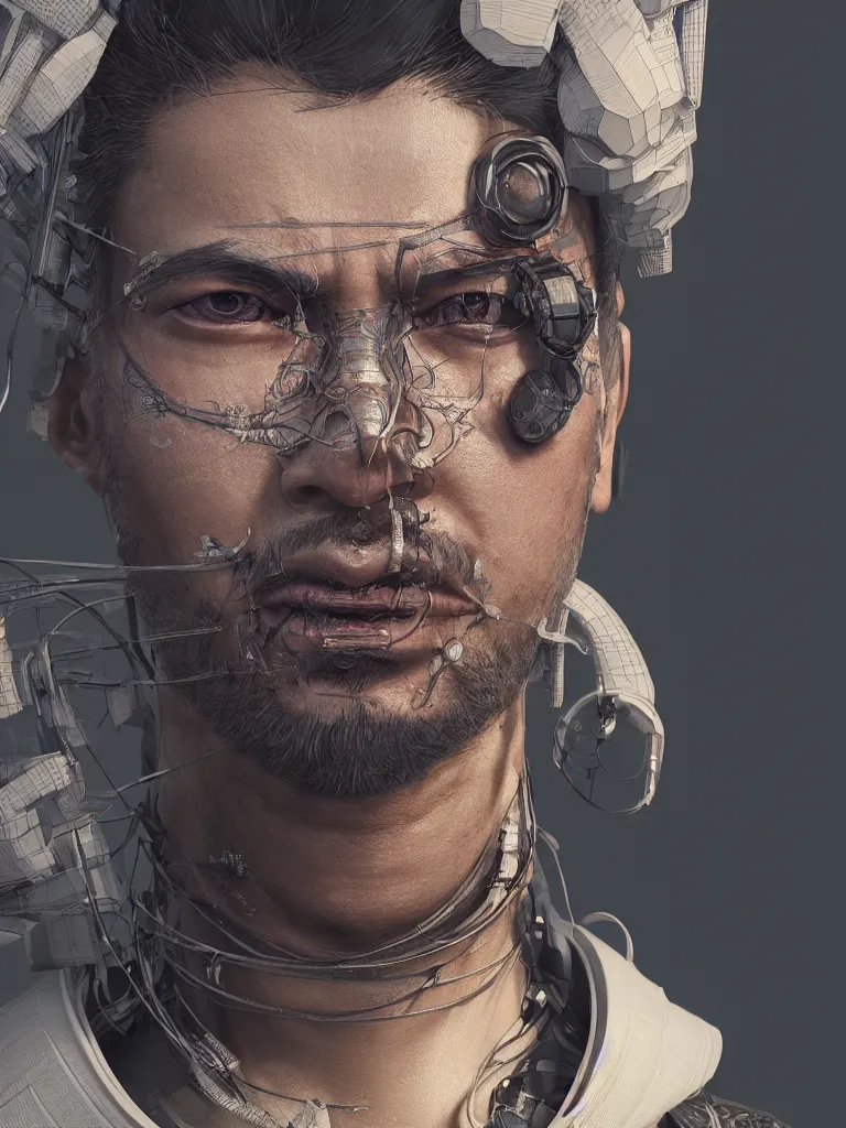 Image similar to hyper - realistic ultra - detailed 3 d render of a cyberpunk samurai portrait by gleb alexandrov and beeple, intricate, octane render, unreal engine, ray tracing, trending on artstation