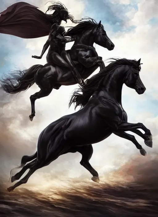 Prompt: the first horseman of the apocalypse riding a strong big black stallion, horse is running, the rider is carrying the scales of justice, artwork by artgerm and rutkowski, breathtaking, dramatic, full view