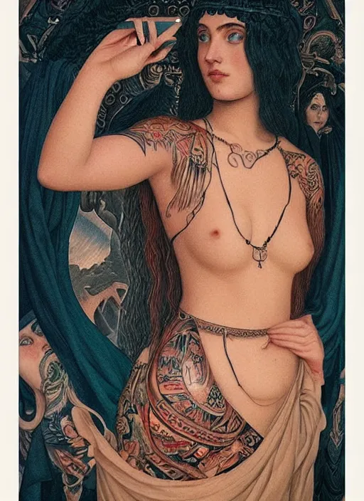 Image similar to beautiful enlightened instagram selfie influencer woman with tattoos, tattooed skin, oil painting, robe, symmetrical face, greek dark ritual myth, by john william godward and anna dittman, masterpiece