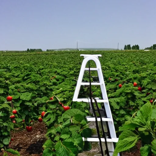 Prompt: a ladder leading up to a strawberry plant