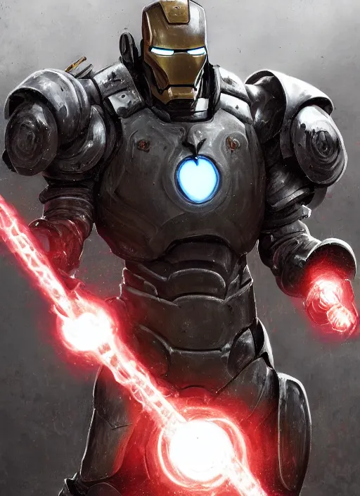 Image similar to medium-length portrait of a male paladin with short curly hair and a salt-and-pepper beard, dark brown skin, happy expression, wears a suit of power armor, magitech, iron man, powered by an arcane core, medieval setting, highly detailed, digital painting, artstation, concept art, sharp focus, illustration, art by greg rutkowski and alphonse mucha