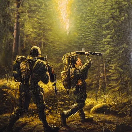 Image similar to high-tech military squad tracking a monster through a dark forest, oil painting, high detail, technical