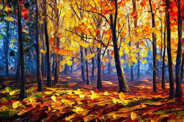 Prompt: oil painting of a forest in autumn, leafs falling, dramatic lighting, colorful, autumn colors