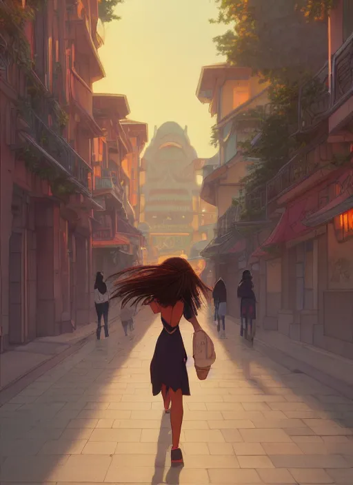Prompt: pretty young black woman with long hair walking down a city street at dusk, path traced, highly detailed, high quality, digital painting, by studio ghibli and alphonse mucha, leesha hannigan, makoto shinkai, disney