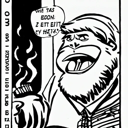 Prompt: bigfoot smoking a cigar, manga panel,