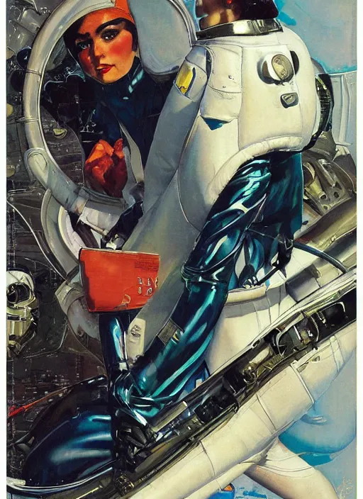 Prompt: a copic maker art nouveau portrait of gretchen ross on a futuristic latex puffy pilot suit by john berkey norman rockwell