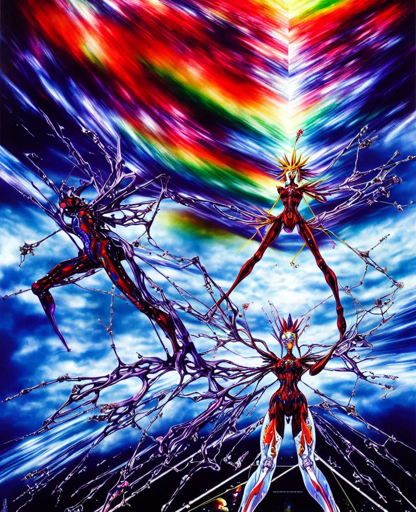 Image similar to realistic detailed image of ultra wrathful rainbow diamond iridescent mega neon genesis evangelion, depth perception, depth of field, action horror by ayami kojima, neo - gothic, gothic, part by adrian ghenie and gerhard richter. art by yoshitaka amano. masterpiece