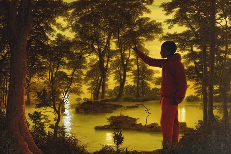 Prompt: a scenic view of a black boy in the middle of a magical forest with glow-worm lights near a lake, detailed, cinematic, dramatic scene, painting by Kehinde Wiley.