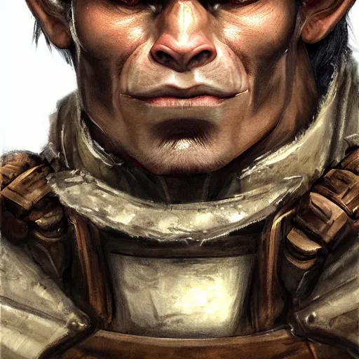 Prompt: portrait of a half orc by ayami kojima, he is about 2 0 years old, russian, manly, straight jaw, short brown hair, strong, friendly, and he is wearing a modern tactical gear, scifi, highly detailed portrait, digital painting, artstation, concept art, smooth, sharp foccus ilustration, artstation hq