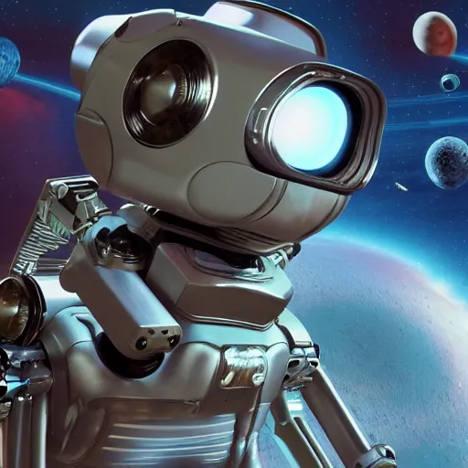 Image similar to 3 d rendered movie still pearlescent robot kitten robots quadruped in epic outer space battles and disco dance contests on saturn. science fiction, blockbuster movie, imax, 7 0 mm, 4 k, dystopian future, computer - animated science fiction film, space odyssey, bladerunner, silent running, wall - e