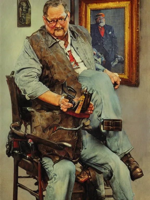 Image similar to portrait of orson scott card seated, in a style blend of norman rockwell and frederick remington and mort kunstler, oil painting, volumetric lighting, intricate details