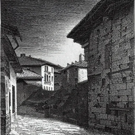Image similar to medieval italian town landscape, gustave dore lithography