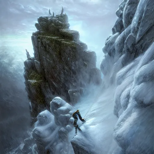 Image similar to climber, extreme cold, storm, octane rendering, volumetric lightning, hyperrealism, no blur, 4 k resolution, ultra detailed, style of ivan shishkin, tyler edlin, anato finnstark, edward robert hughes