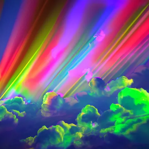 Prompt: psychedelic multicolor clouds, god rays, volumetric lighting, dynamic intricate ornate